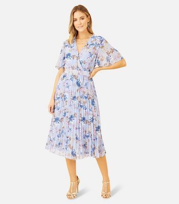 Lilac Floral Chiffon Pleated Belted Midi Wrap Dress New Look