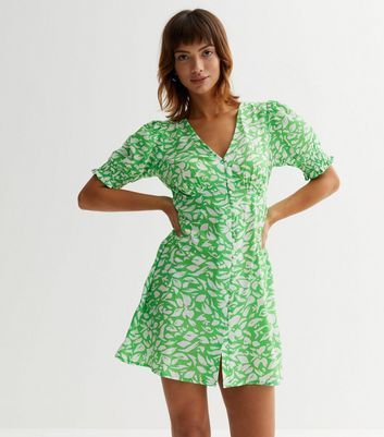 Green Floral Button Front Mini Dress New Look