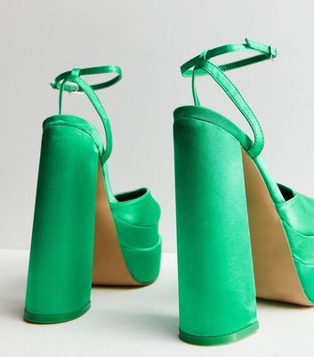 Green Satin Platform Heel Sandals New Look