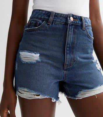 Tall Blue Denim Extreme Ripped Mom Shorts New Look