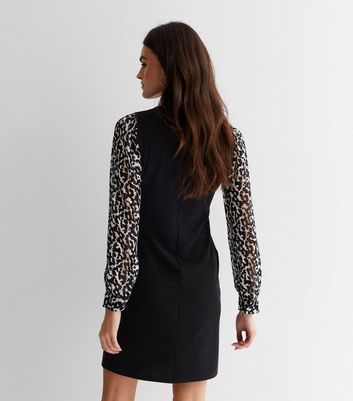 Black Leopard Print 2-in-1 Crew Neck Long Sleeve Mini Dress New Look