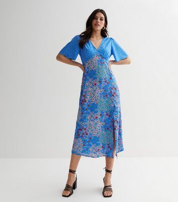 Blue Mixed Floral Flutter Sleeve Midi Dress New Look