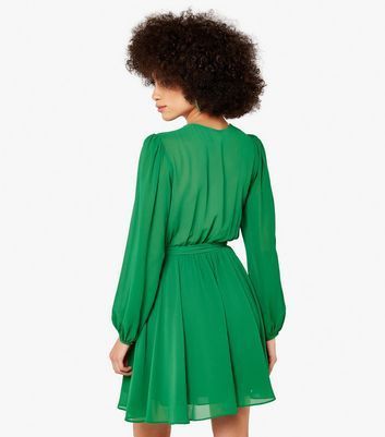 Green Chiffon Mini Wrap Dress New Look