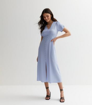 Pale Blue Button Front Midi Dress New Look