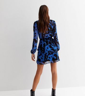 Blue Abstract Chiffon Ruffle Tiered Mini Dress New Look