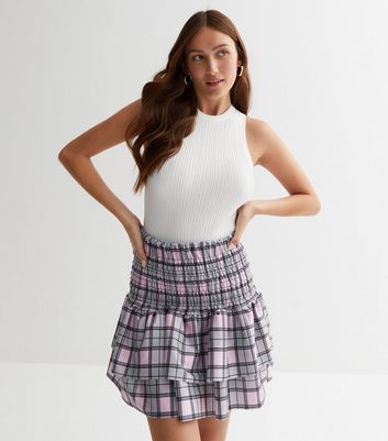 Mid Pink Check Shirred Tiered Mini Skirt New Look