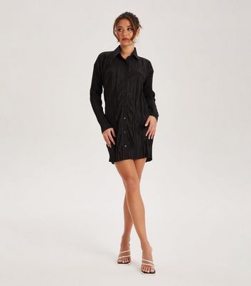 Black Plissé Long Sleeve Mini Shirt Dress New Look