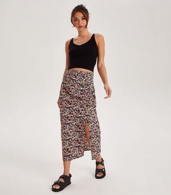 Black Floral Split Hem Midi Skirt New Look