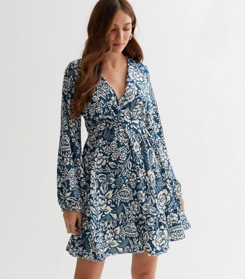 Blue Floral Belted Long Sleeve Mini Dress New Look