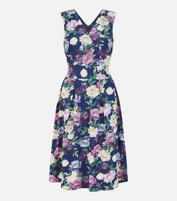 Navy Floral Belted Midi Wrap Dress New Look