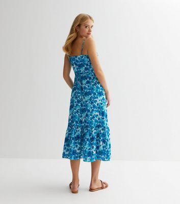 Blue Floral Cowl Neck Midi Dress New Look