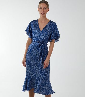 Navy Paisley Frill Midi Wrap Dress New Look