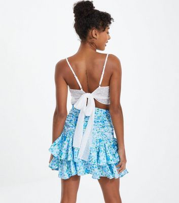 Pale Blue Floral Frill Mini Skirt New Look