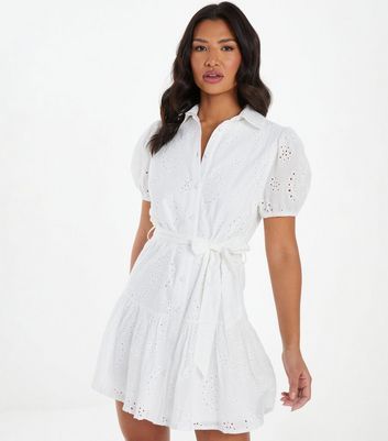 White Broderie Puff Sleeve Mini Shirt Dress New Look
