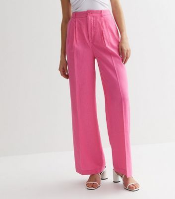 Bright Pink Linen Blend Formal Wide Leg Trousers New Look