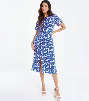 Bright Blue Floral Split Hem Midi Dress New Look