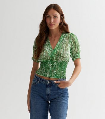 Green Animal Print Shirred Top New Look