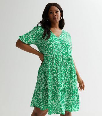 Curves Green Doodle Print V Neck Mini Dress New Look