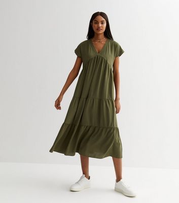 Olive Cap Sleeve Midi Smock Dress New Look