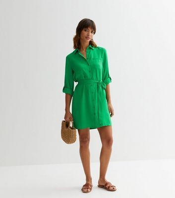 Green Belted Mini Shirt Dress New Look