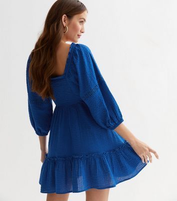 Bright Blue Textured Milkmaid Mini Dress New Look