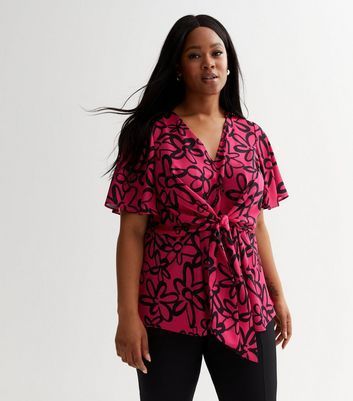 Curves Pink Floral Tie Front Top New Look