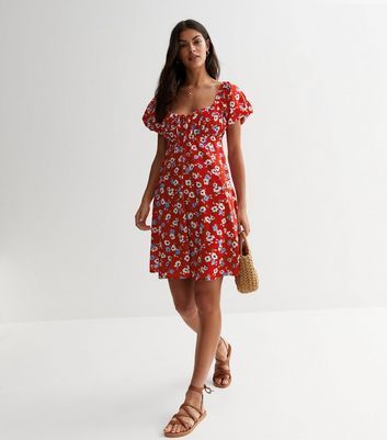 Red Floral Ruched Mini Dress New Look