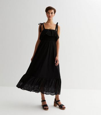 Black Broderie Frill Strappy Midi Dress New Look
