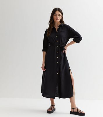 Black Ribbed Cotton Belted Midi Shirt Dress New Look