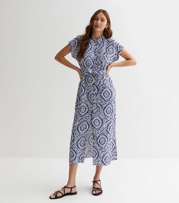 Blue Tie Dye Belted Midi Shirt Dress New Look