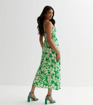 Green Floral Shirred Midi Slip Dress New Look