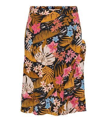 Curves Black Tropical Midi Wrap Skirt New Look