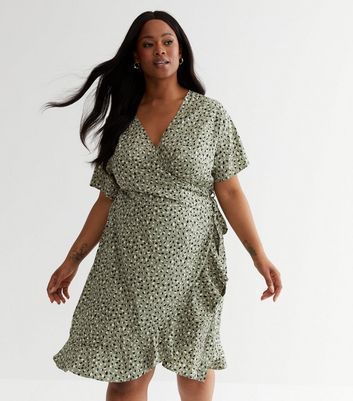 Curves Green Animal Print Frill Mini Wrap Dress New Look