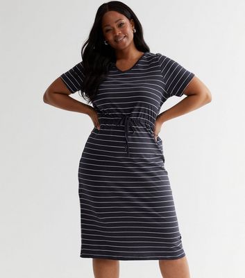 Curves Navy Stripe Jersey Drawstring Midi Dress New Look