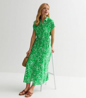 Green Floral Drawstring Midi Shirt Dress New Look