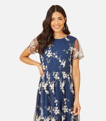 Navy Floral Embroidered Mini Dress New Look