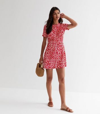 Red Floral Doodle Print Crinkle Mini Dress New Look