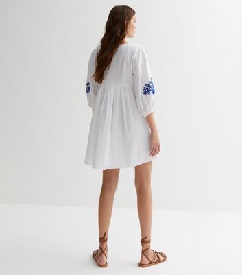 White Textured Embroidered Mini Smock Dress New Look