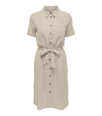Stone Linen Blend Tie Waist Midi Shirt Dress New Look
