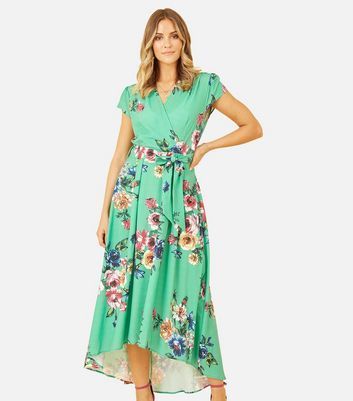 Green Floral Wrap Dress New Look