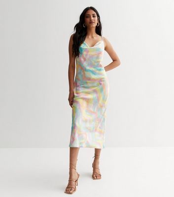 Multicoloured Swirl Satin Cowl Neck Midi Dress New Look