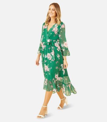 Green Floral Long Sleeve Frill Belted Midi Dress New Look