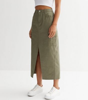 Olive Cargo Midi Skirt New Look