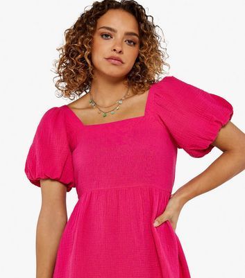 Bright Pink Short Puff Sleeve Milkmaid Mini Dress New Look