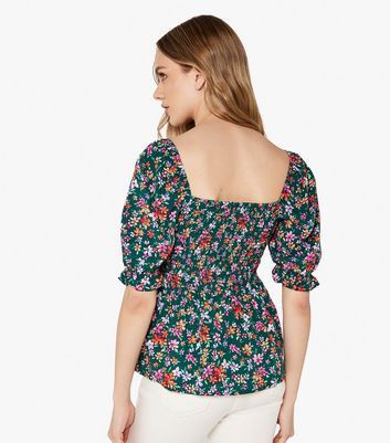 Green Floral Print Smock Top New Look