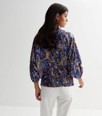 Blue Paisley Shirred Batwing Top New Look
