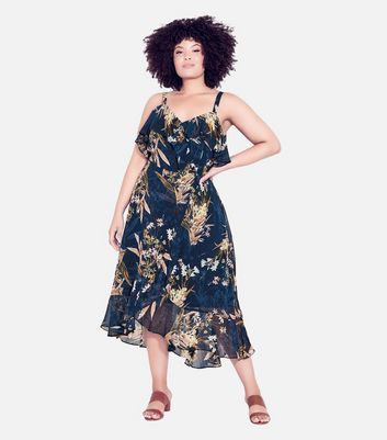 Curves Blue Floral Chiffon Frill Midi Dress New Look