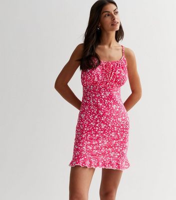 Bright Pink Floral Square Neck Mini Dress New Look