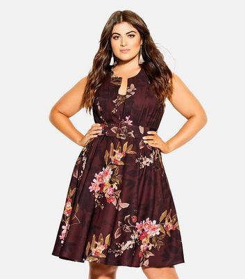 Curves Burgundy Floral Belted Mini Dress New Look