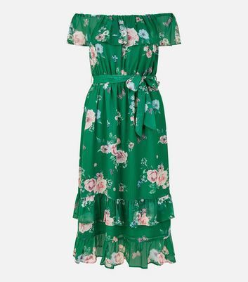 Green Floral Bardot Belted Midi Dress New Look